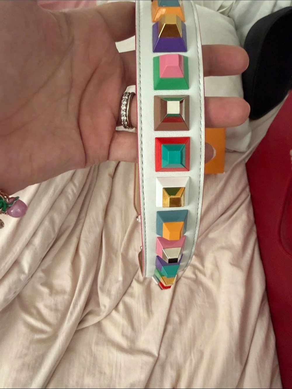 Fendi White Leather Strap with Pink Trim and Multicolor Studs